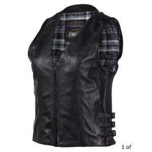 Street & Steel Nightstar Womens Black Leather Motorcycle Vest Plaid Lined Medium